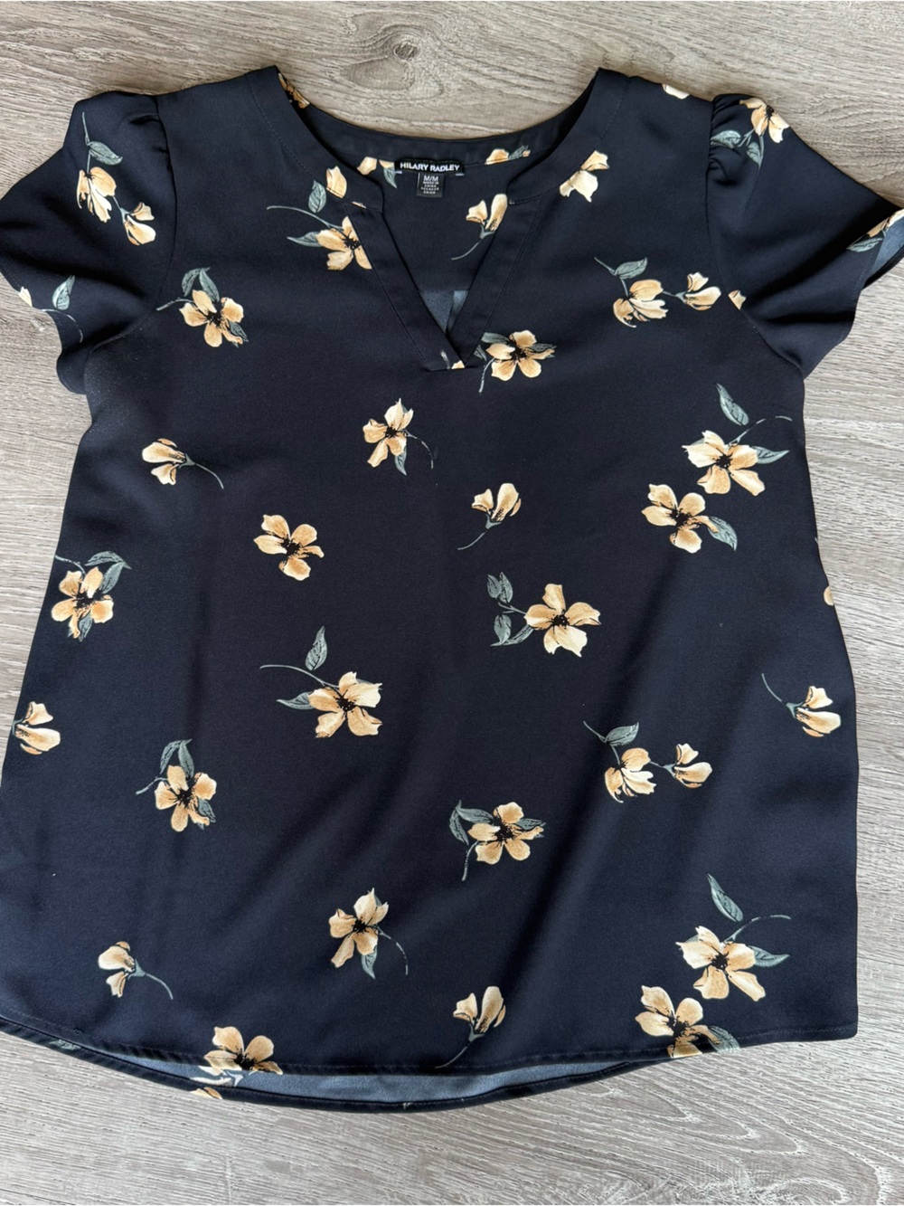Hilary Radley Black Floral V-Neck Top with Yellow Flowers